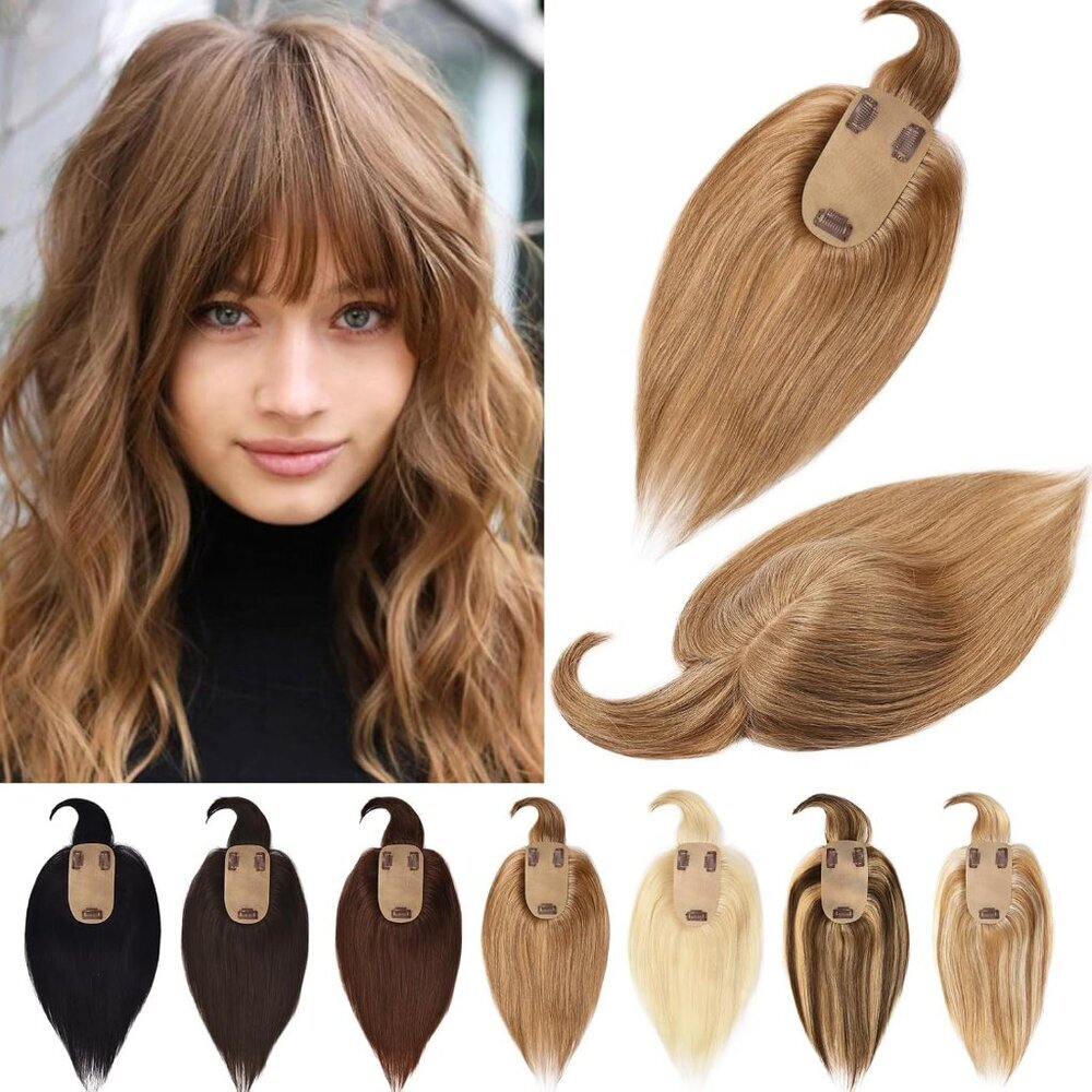 Women Hair Toppers Human Hair With Bangs Gray & Light Brown 10"
